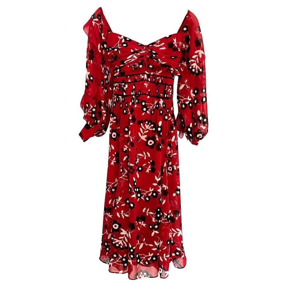 Self-Portrait Red Floral Off-Shoulder Dress w/ Sheer Sleeves- Size 2 - Picture 2 of 5